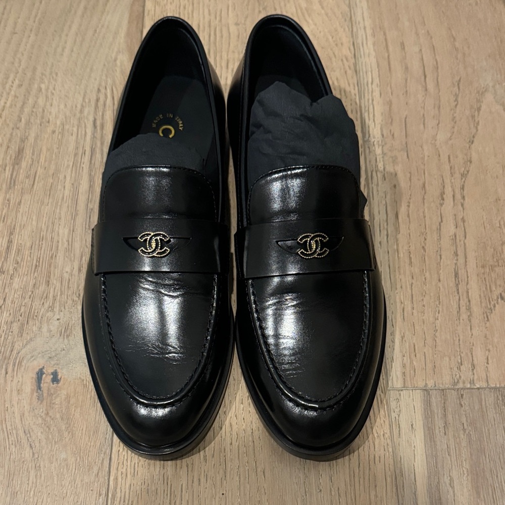 CHANEL Black Leather Slip-On Loafers